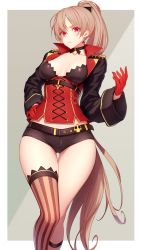 Rule 34 | 1girl, actinium89, asymmetrical hair, azur lane, belt, black belt, black choker, black jacket, breasts, brown shorts, brown thighhighs, choker, cleavage, corset, cropped jacket, cross-laced clothes, earrings, feet out of frame, grey background, hand on own hip, high ponytail, highres, jacket, jean bart (azur lane), jewelry, light brown hair, long hair, looking at viewer, red corset, red eyes, short shorts, shorts, simple background, single thighhigh, skull belt, small breasts, solo, striped clothes, striped thighhighs, thigh gap, thighhighs, thighs, two-tone background, vertical-striped clothes, vertical-striped thighhighs, very long hair