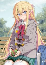 Rule 34 | 1girl, bag, bench, blonde hair, blue bag, blue eyes, blue sky, bow, bowtie, box, closed mouth, cloud, coat, collared shirt, colored skin, commentary request, day, elf, garter straps, gift, gift box, green skin, grey coat, hair between eyes, heart, heart-shaped box, highres, highschool elf (nakahira guy), holding, holding box, long hair, long sleeves, looking at viewer, nakahira guy, on bench, original, outdoors, pointy ears, red bow, red bowtie, shirt, sitting, sky, smile, solo, thighhighs, valentine, white garter straps, white shirt, white thighhighs, zettai ryouiki