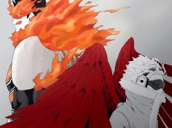 Rule 34 | 2boys, armor, back-to-back, bad id, bad twitter id, beard, blonde hair, blue eyes, bodysuit, boku no hero academia, endeavor (boku no hero academia), facial hair, feathered wings, fire, from side, hawks (boku no hero academia), highres, kei (ahan uhun 345), male focus, mature male, multiple boys, muscular, muscular male, pauldrons, pectorals, profile, red hair, red wings, scar, scar across eye, scar on face, short hair, shoulder armor, sideburns, spiked hair, spot color, stubble, upper body, wings