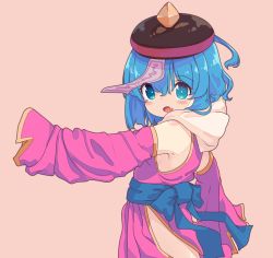 Rule 34 | 1girl, aoi tori, black headwear, blue bow, blue hair, blush stickers, bow, brown background, commentary request, detached sleeves, dress, fang, from side, green eyes, hair between eyes, long sleeves, looking at viewer, looking to the side, ofuda, open mouth, original, pink dress, pink sleeves, simple background, sleeveless, sleeveless dress, sleeves past fingers, sleeves past wrists, solo, teru-chan (aoi tori)