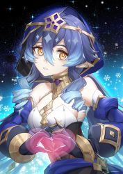 Rule 34 | 1girl, bare shoulders, black gloves, blue hair, breasts, commentary, covered navel, drill hair, drill sidelocks, genshin impact, gloves, hair between eyes, heart, heart hands, highres, hood, juliet sleeves, large breasts, layla (genshin impact), linreplica, long hair, long sleeves, looking at viewer, parted lips, puffy sleeves, sidelocks, solo, upper body, yellow eyes