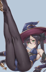 Rule 34 | 1girl, :/, absurdres, ass, black gloves, black hair, black pantyhose, blue leotard, breasts, chinese commentary, choker, closed mouth, elbow gloves, genshin impact, gloves, gold footwear, gold trim, green eyes, grey background, hat, high heels, highres, legs up, leotard, lin jingling, long hair, lying, mona (genshin impact), on back, pantyhose, simple background, small breasts, solo, twintails, witch hat
