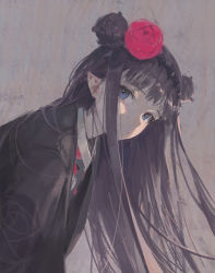 Rule 34 | 1girl, absurdres, bad id, bad twitter id, black jacket, black kimono, blue eyes, dino (dinoartforame), double bun, flower, grey background, hair bun, hair flower, hair ornament, highres, hololive, hololive english, jacket, japanese clothes, kimono, leaning forward, long hair, looking up, ninomae ina&#039;nis, ninomae ina&#039;nis (new year), official alternate costume, pink flower, pointy ears, purple hair, solo, virtual youtuber