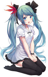 Rule 34 | 1girl, :o, absurdres, bib (bibboss39), black bow, black thighhighs, blue eyes, blue hair, blush, bow, bracelet, breasts, dress, feather hair ornament, feathers, frilled sleeves, frills, full body, hair bow, hair ornament, hatsune miku, highres, jewelry, long hair, looking at viewer, open mouth, own hands together, short sleeves, sidelocks, sitting, small breasts, solo, thighhighs, twintails, v-shaped eyebrows, very long hair, vocaloid, wariza, white dress, world is mine (vocaloid)