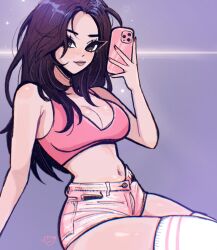 Rule 34 | 1girl, black eyes, black hair, breasts, brown lips, cellphone, commentary, commission, crop top, denim, denim shorts, english commentary, hair over one eye, highres, holding, holding phone, large breasts, long hair, megrocks, midriff, navel, original, phone, pink sports bra, short shorts, shorts, signature, sitting, smartphone, smile, solo, sports bra, thighhighs, white thighhighs