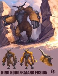 Rule 34 | animal, ape, blonde hair, charge blade, chipyray, claws, commentary, crossover, electricity, english commentary, enraged rajang, fangs, fur, furry, furry male, fusion, giant, giant male, glowing, gorilla, highres, horns, insect glaive, jaw, kaijuu, king kong, king kong (series), kong: skull island, looking at viewer, male focus, monkey, monster, monster hunter, monster hunter: world, monster hunter (series), monsterverse, muscular, muscular male, no humans, open mouth, oversized animal, rajang, red eyes, sharp teeth, sky, spiked helmet, standing, tail, teeth