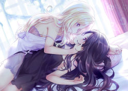 Rule 34 | 2girls, 54hao, bare arms, bare shoulders, bed sheet, black dress, black hair, blonde hair, curtains, dress, eye contact, girl on top, highres, incest, long hair, looking at another, lying, multiple girls, on back, original, parted bangs, parted lips, pillow, purple eyes, siblings, sisters, sleeveless, sleeveless dress, strap slip, transparent, twins, very long hair, white dress, window, yuri