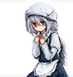Rule 34 | 1girl, apron, bad id, bad pixiv id, blue eyes, blush, female focus, letty whiterock, long sleeves, looking at viewer, migi, mugi (banban53), silver hair, simple background, solo, touhou, waist apron, white background