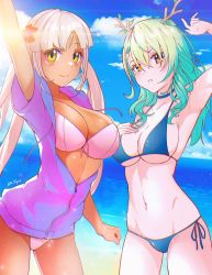 Rule 34 | 2girls, antlers, arm up, beach, bikini, blonde hair, blue bikini, blue choker, blue sky, blush, breasts, ceres fauna, choker, cleavage, closed mouth, cloud, commentary, dark-skinned female, dark skin, day, drawstring, english commentary, flower, green hair, hair flower, hair ornament, hibiscus, highres, hololive, hololive english, horns, large breasts, leaf, long hair, looking at viewer, multiple girls, navel, ocean, outdoors, parted lips, purple sweater, red flower, side-tie bikini bottom, signature, sk jynx, sky, smile, stomach, sunlight, sweater, swimsuit, tsukumo sana, twintails, virtual youtuber, wavy hair, white bikini, yellow eyes