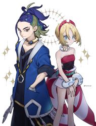 Rule 34 | 1boy, 1girl, absurdres, adaman (pokemon), amatsumi (amttm23), blonde hair, blue coat, blue eyes, blue hair, bracelet, breasts, cleavage, closed mouth, coat, collar, collarbone, commentary request, creatures (company), game freak, green hair, hairband, hand in pocket, hand wraps, highres, irida (pokemon), jewelry, multicolored hair, nintendo, open clothes, open coat, pokemon, pokemon legends: arceus, sash, shirt, short hair, shorts, small breasts, sparkle, strapless, strapless shirt, waist cape