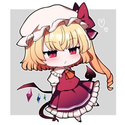 Rule 34 | absurdres, arms behind back, ascot, blonde hair, brown footwear, chibi, collared shirt, commentary, crystal, crystal wings, flandre scarlet, frilled shirt collar, frilled skirt, frills, grey background, hat, hat ribbon, heart, highres, laevatein (touhou), medium hair, mob cap, one side up, puffy short sleeves, puffy sleeves, red eyes, red ribbon, red skirt, red vest, ribbon, shirt, shoes, short sleeves, skirt, skirt set, slit pupils, socks, touhou, unamused, vest, white hat, white shirt, white socks, wings, yellow ascot, you (noanoamoemoe)
