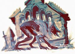 Rule 34 | 1other, all fours, blood-starved beast, bloodborne, church, commentary, english commentary, facing viewer, from side, from software, highres, monster, no humans, open mouth, ruins, shimhaq, signature, solo, tombstone, veil