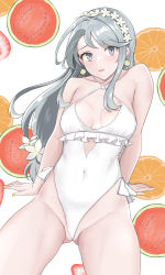 Rule 34 | 1girl, asymmetrical bangs, baji toufuu (bajitohfu), bare arms, bare legs, bare shoulders, blush, breasts, casual one-piece swimsuit, collarbone, earrings, flower, food, frilled one-piece swimsuit, frilled swimsuit, frills, fruit, grey hair, groin, hair flower, hair ornament, hairband, highleg, highleg swimsuit, highres, jewelry, kantai collection, long hair, official alternate costume, one-piece swimsuit, open mouth, orange (fruit), orange slice, purple eyes, sagiri (kancolle), side-tie swimsuit, small breasts, solo, swept bangs, swimsuit, watermelon, watermelon slice, white flower, white one-piece swimsuit