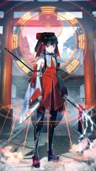 Rule 34 | 1girl, adapted costume, bare shoulders, black hair, black pantyhose, bow, commentary request, detached sleeves, dress, full body, gohei, hair bow, hair tubes, hakurei reimu, highres, holding, long sleeves, looking at viewer, outdoors, pantyhose, red bow, red dress, red eyes, red footwear, shoes, short dress, short hair with long locks, sidelocks, solo, standing, torii, touhou, wide sleeves, zounose