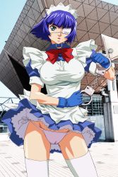 Rule 34 | 00s, 1girl, blue hair, breasts, comiket, cuffs, eyepatch, gloves, handcuffs, ikkitousen, large breasts, maid, mole, mole under mouth, panties, pink panties, ryomou shimei, short hair, underwear, wind, wind lift, yabusame