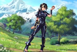 Rule 34 | 1girl, alternate costume, artist name, black bodysuit, black hair, bodysuit, bracer, breasts, clenched hand, closed mouth, cloud, commentary, creatures (company), day, dr altruist, eyelashes, flower, game freak, grass, holding, holding poke ball, legs apart, looking at viewer, mountain, nintendo, orange eyes, outdoors, poke ball, poke ball (basic), pokemon, pokemon oras, rock, shiny clothes, skin tight, sky, smile, solo, standing, toes, tree, white flower, zinnia (pokemon)