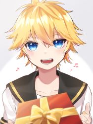 Rule 34 | 1boy, beamed eighth notes, black collar, blonde hair, blue eyes, blurry foreground, collar, collarbone, commentary, eighth note, grey background, highres, kagamine len, looking at viewer, male focus, musical note, nail polish, open mouth, quarter note, sailor collar, school uniform, shirt, short sleeves, smile, solo, soramame pikuto, valentine, vocaloid, white shirt, yellow nails