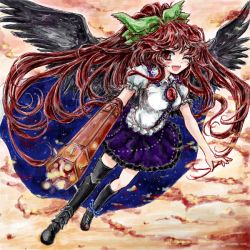 Rule 34 | 1girl, alternate hair color, arm cannon, arm up, bird wings, blouse, boots, bow, breasts, brown hair, cape, eyeball, female focus, flying, hair bow, knee boots, long hair, looking at viewer, medium breasts, nanashii (soregasisan), one eye closed, open hand, open mouth, ponytail, red background, red eyes, reiuji utsuho, shirt, short sleeves, skirt, smile, solo, star (sky), teeth, third eye, touhou, very long hair, weapon, wings, wink