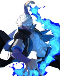 Rule 34 | 1boy, arm up, artist name, azisaiharumaki56, belt, black coat, black pants, blue fire, boku no hero academia, coat, colored skin, commentary request, covered eyes, dabi (boku no hero academia), ear piercing, fingernails, fire, grin, highres, making-of available, male focus, pants, piercing, purple skin, pyrokinesis, shirt, short hair, signature, smile, solo, spiked hair, spoilers, stitches, teeth, torn clothes, twitter username, white background, white hair, white shirt