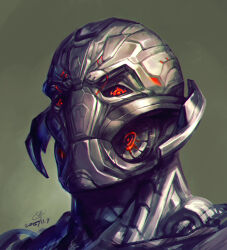 Rule 34 | 1boy, 2015, android, artist request, avengers: age of ultron, avengers (series), dated, glowing, glowing eyes, highres, looking at viewer, marvel, marvel cinematic universe, red eyes, robot, serious, simple background, ultron