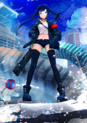 Rule 34 | 1girl, absurdres, bandaged neck, bandages, black hair, black thighhighs, blue eyes, blue hair, breasts, day, hands in pockets, highres, jacket, looking at viewer, namako (namacotan), navel, open clothes, open jacket, original, outdoors, robot, short shorts, shorts, small breasts, smile, solo, thighhighs, torn clothes, torn thighhighs, twintails, wind