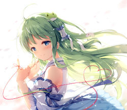 Rule 34 | 1girl, ahoge, arm ribbon, bare shoulders, blue eyes, blue ribbon, blush, breasts, commentary request, detached sleeves, frilled sleeves, frills, frog hair ornament, from side, green hair, hair blowing, hair ornament, hair tubes, hands up, heart, kochiya sanae, large breasts, long hair, long sleeves, looking at viewer, miyase mahiro, petals, pinky out, ribbon, seductive smile, shirt, single sidelock, smile, snake hair ornament, solo, string, string of fate, touhou, upper body, white background, white shirt, wide sleeves