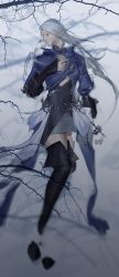 Rule 34 | 1girl, absurdres, black footwear, blue coat, blurry, boots, branch, brooch, coat, elezen, elf, closed eyes, final fantasy, final fantasy xiv, full body, grey lips, grey skirt, hand on own chest, hand up, highres, jewelry, long hair, lying, on back, pointy ears, shuangbatian, silver hair, skirt, snow, solo, thigh boots, thighhighs, winter, ysayle dangoulain