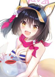 Rule 34 | 1girl, :d, animal ear fluff, animal ears, ball, bare shoulders, beachball, bikini, blue archive, blush, breasts, brown hair, cleavage, fang, fox ears, fox girl, fox tail, hair between eyes, hair ornament, halo, highres, izuna (blue archive), izuna (swimsuit) (blue archive), looking at viewer, medium breasts, nanashi (74 nanashi), open mouth, red scarf, scarf, short hair, simple background, skin fang, smile, solo, striped bikini, striped clothes, swimsuit, tail, upper body, visor cap, white background, yellow eyes