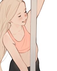 Rule 34 | 1girl, absurdres, bad id, bad twitter id, bare shoulders, black pants, blonde hair, blush, hand up, highres, long hair, luimiart, original, pants, pole, simple background, smile, solo, sports bra, very long hair, white background