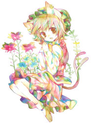 Rule 34 | 1girl, animal ears, brown eyes, brown hair, cat ears, cat girl, cat tail, chen, earrings, female focus, flower, full body, hat, highres, jewelry, legomaru, multiple tails, painting (medium), plant, short hair, simple background, skirt, solo, tail, touhou, traditional media, watercolor (medium), white background
