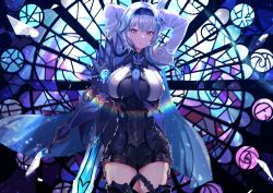 Rule 34 | 1girl, absurdres, arms behind head, black hairband, black thighhighs, blue hair, blush, bodysuit, breasts, butterfly hair ornament, cowboy shot, eula (genshin impact), genshin impact, gloves, hair ornament, hairband, highres, holding, holding sword, holding weapon, large breasts, long hair, long sleeves, looking at viewer, necktie, parted lips, purple eyes, sas (ls08b), solo, song of broken pines (genshin impact), stained glass, sword, thighhighs, thighs, vision (genshin impact), weapon