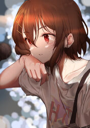 Rule 34 | 1girl, absurdres, brown eyes, brown hair, collarbone, guitar, hair ornament, hairclip, highres, hirasawa yui, instrument, k-on!, kootee-on, microphone, shirt, short hair, solo, sweat, wet, wet clothes, wiping sweat