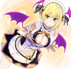 Rule 34 | 10s, 1girl, :q, akai kagerou, arm garter, bare shoulders, bat wings, blonde hair, blurry, breasts, cleavage, cleavage cutout, clothing cutout, depth of field, gloves, green eyes, head wings, heart, idolmaster, idolmaster cinderella girls, idolmaster cinderella girls starlight stage, large breasts, leaning forward, maid headdress, miyamoto frederica, short hair, skirt, solo, tongue, tongue out, wings