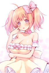 Rule 34 | 1girl, :p, akanbe, blush, bow, breast hold, breasts, brown eyes, brown hair, cleavage, detached sleeves, dress, eyelid pull, heart, index finger raised, large breasts, original, short hair, short twintails, solo, strapless, strapless dress, tongue, tongue out, twintails, usashiro mani