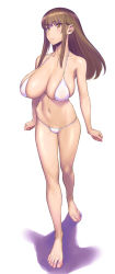 Rule 34 | 1girl, arms at sides, bare shoulders, bikini, blush, breasts, brown eyes, brown hair, cleavage, collarbone, full body, highres, large breasts, long hair, looking at viewer, minazuki juuzou, navel, original, simple background, skindentation, solo, swimsuit, white background, white bikini
