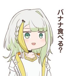 Rule 34 | 1girl, a.i. voice, akatuki no you, banana, braid, chibi, collarbone, commentary, crown braid, food, food on head, fruit, green eyes, grey hair, hair intakes, jacket, light blush, object on head, open mouth, shirt, short hair, simple background, solo, translated, tsunose kotone, white background, white jacket, white shirt