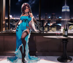 Rule 34 | 1girl, absurdres, alcohol, black footwear, black thighhighs, blue dress, blush, bottle, breasts, brown hair, bug, butterfly, choker, city, commission, cup, dress, drinking glass, earrings, elbow gloves, full body, gloves, grey eyes, hair over one eye, high heels, highres, indoors, insect, jewelry, large breasts, long dress, long hair, looking at viewer, necklace, off-shoulder dress, off shoulder, original, parted lips, pixiv commission, shoes, smile, solo, table, thighhighs, white gloves, window, wine, wine bottle, wine glass, yoyoleaf