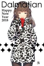 Rule 34 | 1girl, 2018, :d, animal print, black pantyhose, blush, breath, brown eyes, brown hair, coat, cow print, cowboy shot, dalmatian print, drawstring, earmuffs, happy new year, highres, legs apart, long hair, long sleeves, looking at viewer, meth (emethmeth), new year, open mouth, original, pantyhose, partially unzipped, red scarf, scarf, signature, simple background, sleeves past wrists, smile, solo, sparkle, standing, thick eyebrows, tsurime, white background, winter clothes, winter coat
