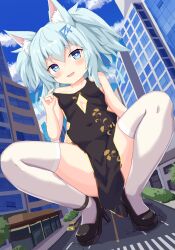 Rule 34 | 1girl, absurdres, animal ear fluff, animal ears, artist request, black dress, blue eyes, blue hair, blue sky, breasts, car, china dress, chinese clothes, city, cleavage cutout, clothing cutout, cloud, crosswalk, day, dress, giant, giantess, girls&#039; frontline, heart, heart-shaped pupils, high heels, highres, motor vehicle, pa-15 (girls&#039; frontline), sky, small breasts, solo, squatting, symbol-shaped pupils, thighhighs, white thighhighs