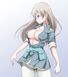 Rule 34 | 1girl, blue eyes, blush, breasts, cleavage, closed mouth, collarbone, eila ilmatar juutilainen, gradient background, hiro yoshinaka, jacket, large breasts, long hair, military, military uniform, no bra, open clothes, open jacket, pantyhose, shiny skin, silver hair, solo, strike witches, uniform, white pantyhose, world witches series