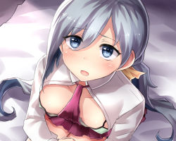 Rule 34 | 10s, 1girl, bed sheet, blue eyes, blue hair, blush, bra, camisole, downblouse, dress, covered erect nipples, green bra, grey hair, kantai collection, kiyoshimo (kancolle), long hair, long sleeves, low twintails, multicolored hair, neit ni sei, no bra, open clothes, open mouth, open shirt, polka dot, polka dot bra, purple dress, shirt, solo, tears, twintails, underwear, very long hair, white shirt