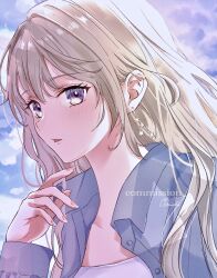 Rule 34 | 1girl, artist name, blonde hair, blue shirt, blue sky, cloud, cloudy sky, collarbone, commentary request, commission, commission watermark, double-parted bangs, earrings, eyelashes, fingernails, from side, hair between eyes, hand up, highres, jewelry, light blush, long bangs, long hair, long sleeves, multicolored sky, omichi 1219, open clothes, open shirt, original, parted lips, portrait, purple eyes, purple sky, shirt, signature, skeb commission, sky, solo, star (symbol), star earrings, watermark