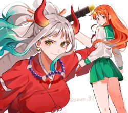 Rule 34 | 2girls, artist name, commentary, cosplay, curled horns, earrings, gradient hair, green hair, hair ornament, higurashi kagome, higurashi kagome (cosplay), horns, inuyasha, inuyasha (character), inuyasha (character) (cosplay), japanese clothes, jewelry, joman, long hair, looking at viewer, miniskirt, multicolored hair, multicolored horns, multiple girls, nami (one piece), necklace, one piece, oni, orange eyes, orange hair, school uniform, simple background, sketch, skirt, sword, tetsusaiga, thighs, twitter username, weapon, white background, white hair, yamato (one piece), yellow eyes