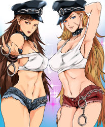 Rule 34 | 2girls, absurdres, alternate costume, alternate hairstyle, arm up, armlet, armpit peek, armpits, blonde hair, blue eyes, blue shorts, bracelet, breasts, brown eyes, brown hair, cabbie hat, cammy white, capcom, choker, chun-li, collar, come hither, commentary request, company connection, cosplay, cuffs, denim, denim shorts, facial scar, final fight, handcuffs, hat, hayame (m ayame), highres, jewelry, large breasts, licking, licking lips, long hair, looking at viewer, messy hair, midriff, multiple girls, navel, open fly, poison (final fight), poison (final fight) (cosplay), red shorts, roxy (cosplay), roxy (final fight), scar, scar on cheek, scar on face, seductive smile, short shorts, shorts, smile, standing, strap slip, street fighter, tank top, thick thighs, thighs, toned, tongue, tongue out, very long hair