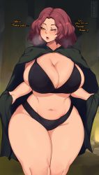 Rule 34 | 1girl, absurdres, alternate breast size, belly, black bra, black cloak, black panties, bra, breasts, brown hair, cleavage, cloak, commentary, curvy, elden ring, english commentary, english text, facial tattoo, flashing, heavy breathing, highres, huge breasts, looking at viewer, medium hair, melina (elden ring), navel, one eye closed, panties, skindentation, solo, taiger, tattoo, thick thighs, thighs, underwear, underwear only, wide hips, yellow eyes
