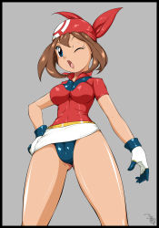 Rule 34 | 1girl, alternate color, bandana, blue eyes, breasts, brown hair, creatures (company), game freak, gloves, happy, highres, impossible clothes, may (pokemon), nintendo, open mouth, panties, pantyshot, pepipopo, pokemon, shiny skin, skin tight, skirt, thighs, underwear, upskirt, white skirt