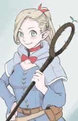 Rule 34 | 1girl, belt, belt pouch, blonde hair, blue capelet, blue hood, blue robe, blush, breasts, brown belt, capelet, closed mouth, dungeon meshi, elf, green eyes, hand on own hip, highres, holding, holding staff, iijima ichiru, long hair, long sleeves, looking at viewer, marcille donato, medium breasts, pointy ears, ponytail, pouch, robe, simple background, smile, solo, staff, standing