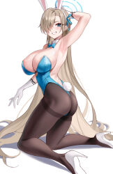 Rule 34 | 1girl, animal ears, areola slip, armpits, ass, asuna (blue archive), asuna (bunny) (blue archive), blue archive, blue eyes, blue halo, blue leotard, blue ribbon, breasts, brown pantyhose, cleavage, fake animal ears, fake tail, gloves, hair over one eye, hair ribbon, halo, highres, kneeling, large areolae, large breasts, legs, leotard, long hair, looking at viewer, mole, mole on breast, official alternate costume, pantyhose, playboy bunny, rabbit ears, rabbit tail, ribbon, simple background, smile, solo, stone (ksorede), tail, thighband pantyhose, very long hair, white background, white footwear, white gloves