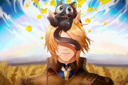 Rule 34 | 1boy, animal, animal ear fluff, animal ears, animal on head, arknights, black cat, blonde hair, blue shirt, brown coat, cat, closed mouth, coat, commentary, covered eyes, crossover, english commentary, facing viewer, highres, horse boy, horse ears, imma artsu, luo xiaohei, male focus, mlynar (arknights), necktie, nose, on head, outdoors, shirt, short hair, luo xiaohei zhanji, wheat field, white necktie