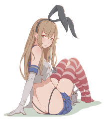 Rule 34 | 1girl, ass, black panties, blush, breasts, butt crack, cheshirrr, dimples of venus, green eyes, kantai collection, looking back, panties, rensouhou-chan, shimakaze (kancolle), simple background, skirt, small breasts, solo, striped clothes, striped thighhighs, thighhighs, thong, underwear, white background, white hair